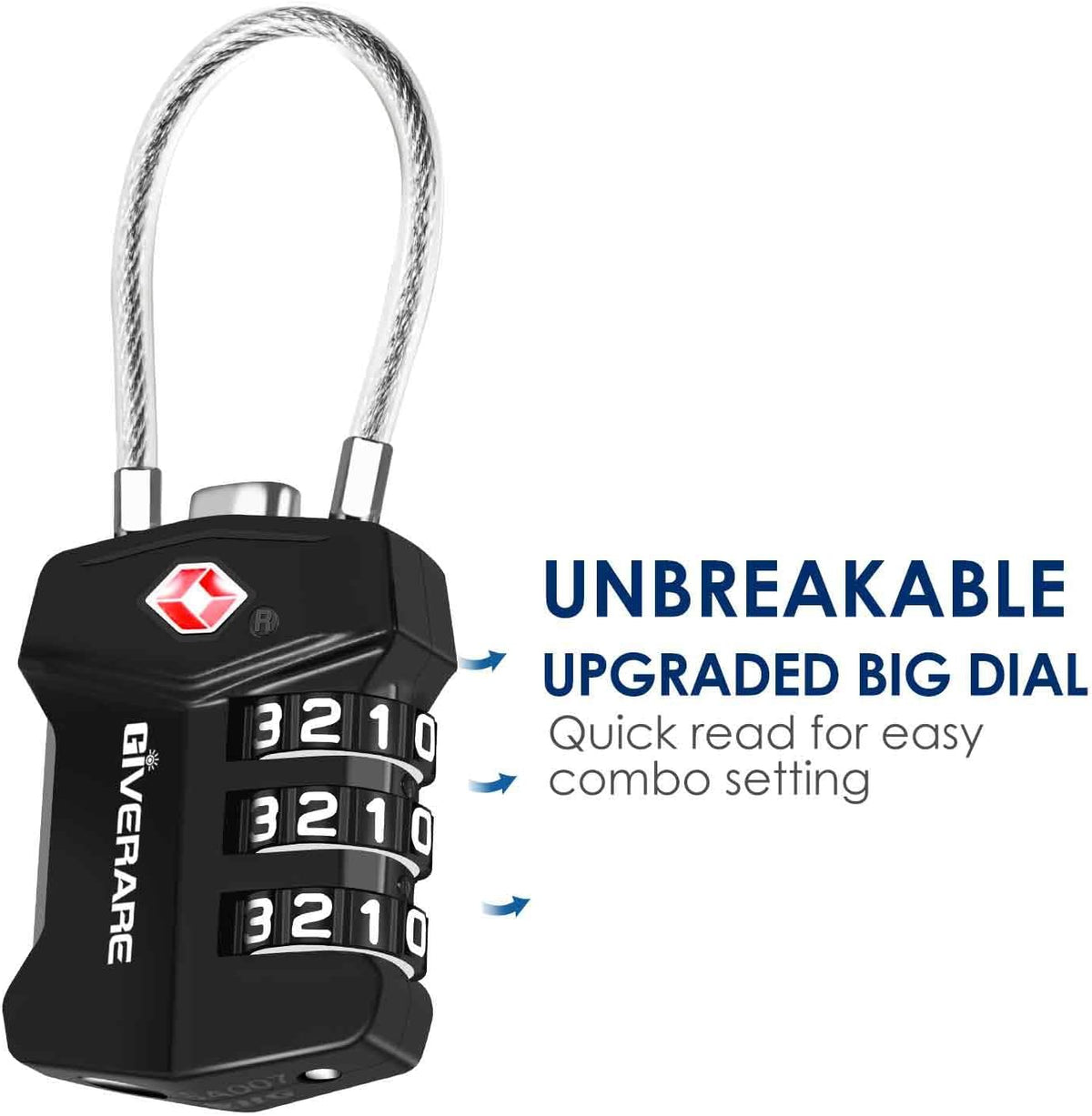 2 Pack TSA Approved Travel Luggage Locks, Cable Combination Lock Alloy, Metal Keyless 3-Digit Padlocks, Weatherproof TSA Accepted Padlock for Gym Locker, Golf Bag Case, Backpack, Black
