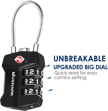 2 Pack TSA Approved Travel Luggage Locks, Cable Combination Lock Alloy, Metal Keyless 3-Digit Padlocks, Weatherproof TSA Accepted Padlock for Gym Locker, Golf Bag Case, Backpack, Black