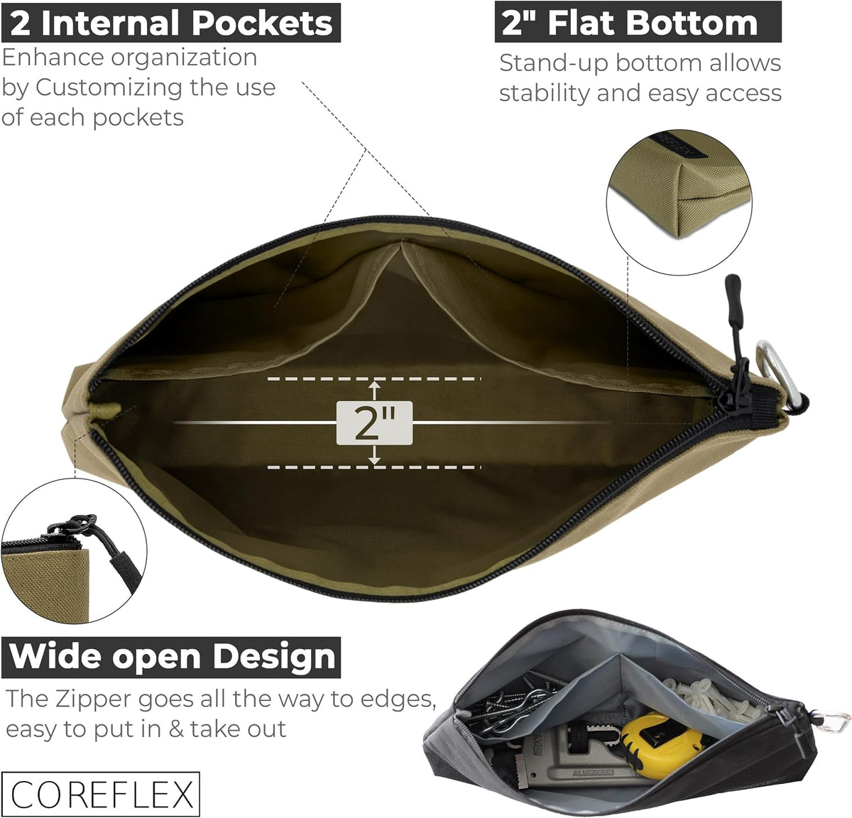 COREFLEX Premium Tool Pouch Zipper Bag, Small Tool Bag, Multipurpose Storage pouch, Heavy duty Flat Bottom Tool bag with YKK Zipper (Large 12inch)