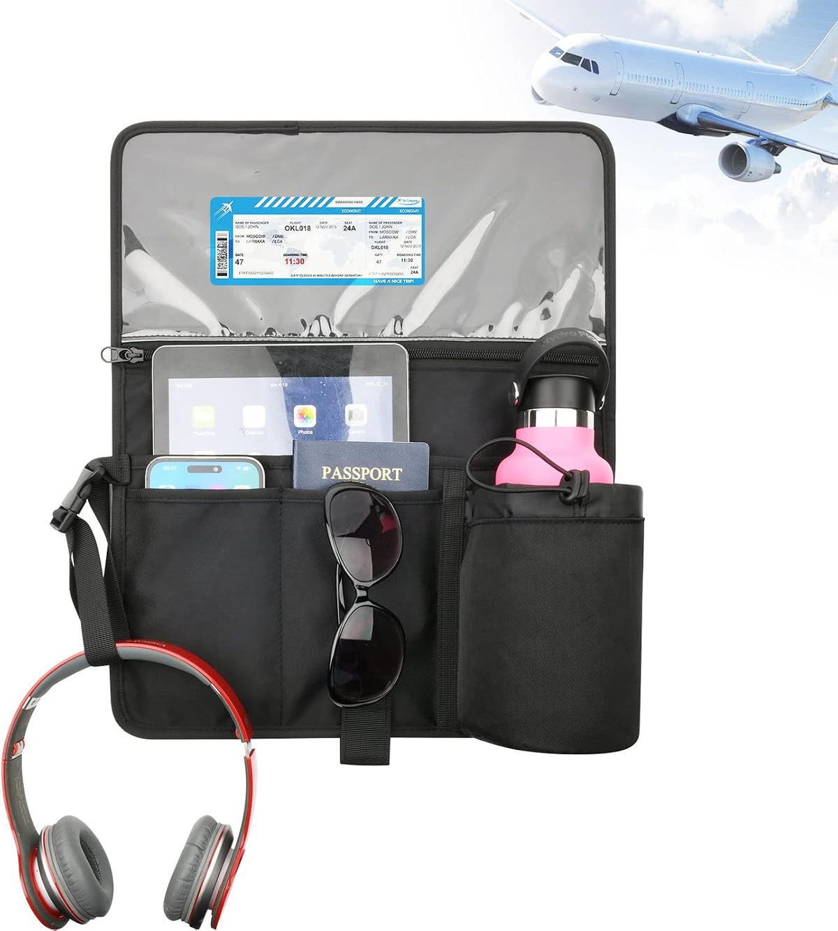 Airplane Seatback Organizer Flight Travel Essentials Seat Back Storage Bag Airline Seat Hanging Pockets for Tablet, Magazines, Phone and Water Bottle | Keep Personal Items Clean & Organized