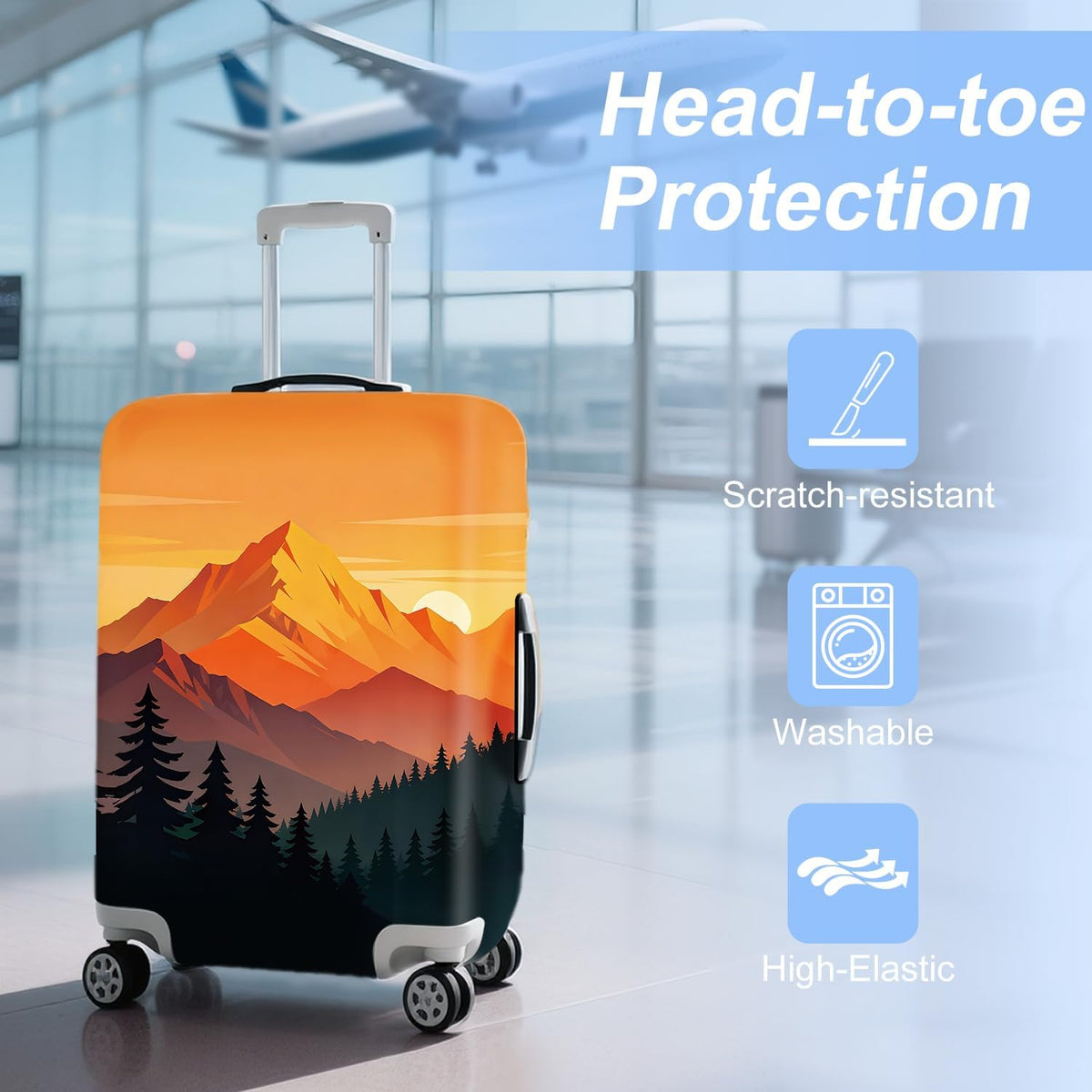 Retro Mountain Landscape Sunset Travel Luggage Cover -Stretchable Airplane Suitcase Protector Sleeve,Universal Washable Fit for 20-22 Inch Checked Baggage,Water Resistant Durable Luggage Protector - Colors A