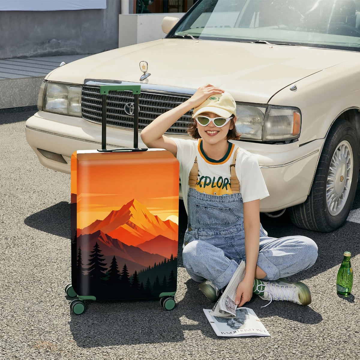 Retro Mountain Landscape Sunset Travel Luggage Cover -Stretchable Airplane Suitcase Protector Sleeve,Universal Washable Fit for 20-22 Inch Checked Baggage,Water Resistant Durable Luggage Protector - Colors A