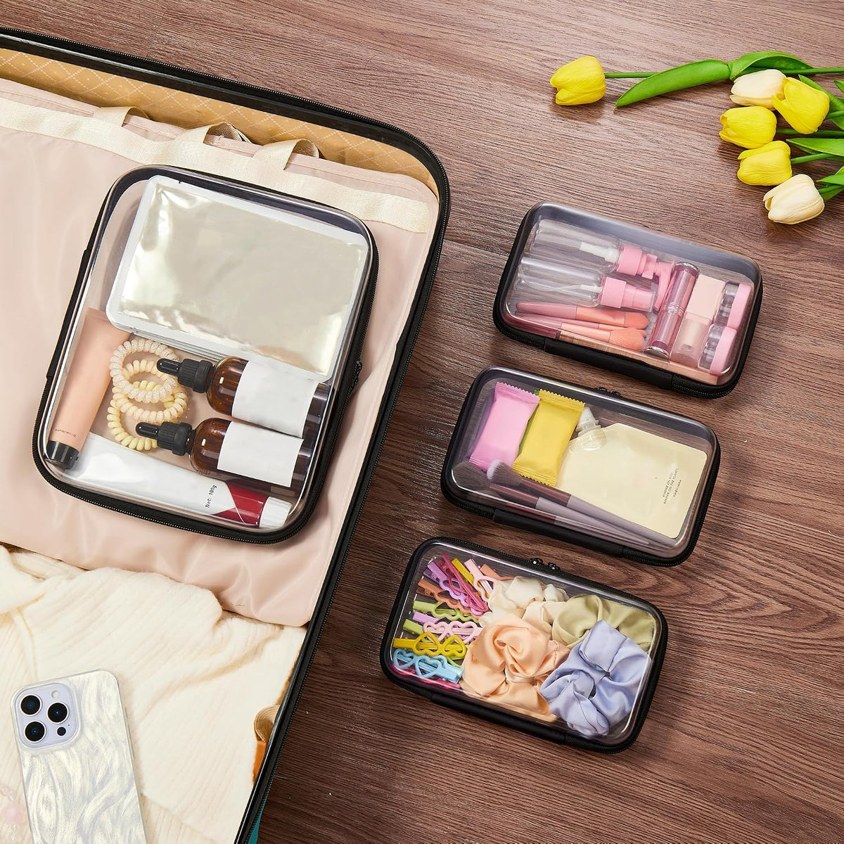 4 pcs Clear Zipper Pouches,Hard Shell Zipper Case,Toiletry Bag for Travel