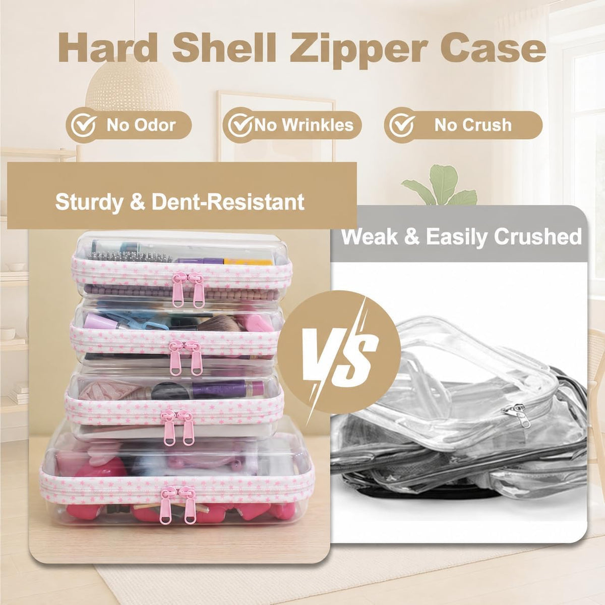 4 pcs Clear Zipper Pouches,Hard Shell Zipper Case,Toiletry Bag for Travel