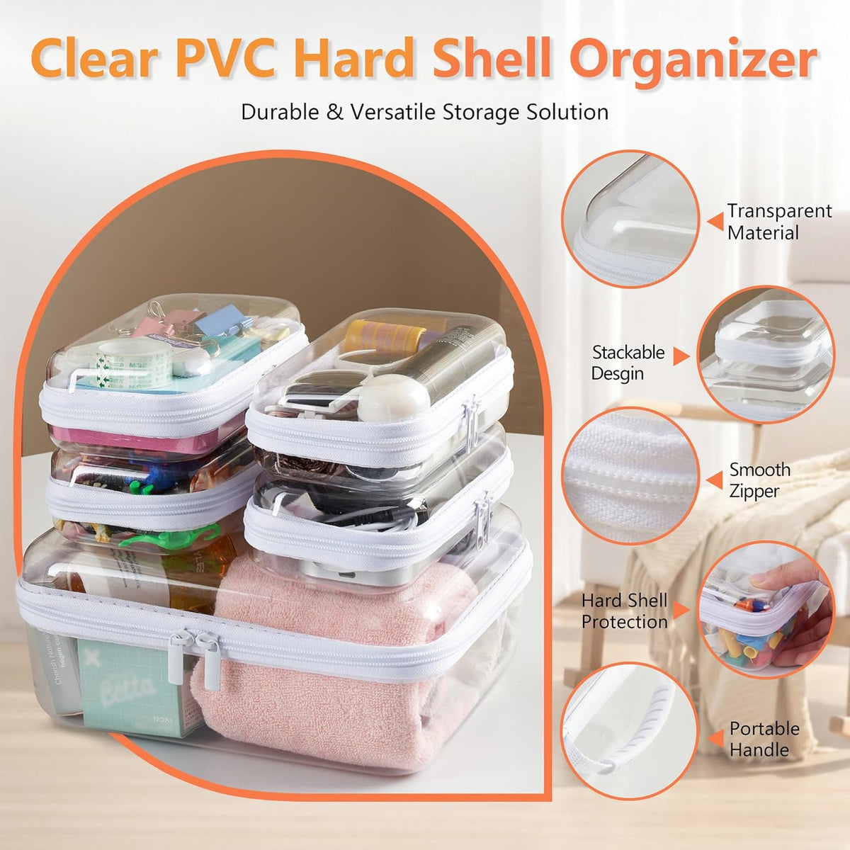 4 pcs Clear Zipper Pouches,Hard Shell Zipper Case,Toiletry Bag for Travel