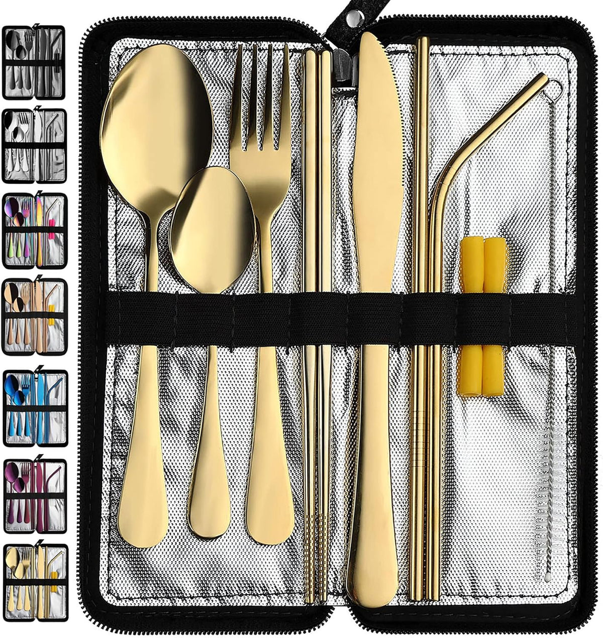 Portable Travel Utensils, Reusable Silverware with Case for Fixing Tableware, 9 Pieces Stainless Steel Stable Flatware Set, Camping Picnic Cutlery Set (Black Set)