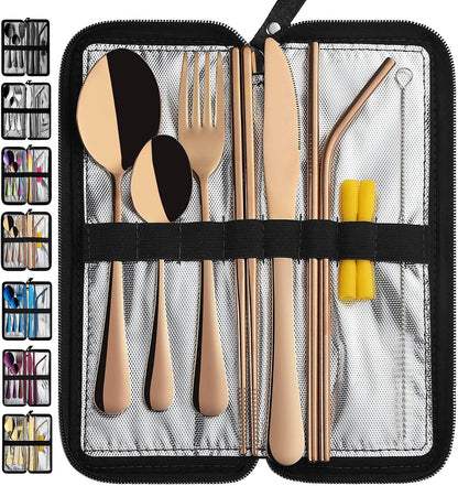 Portable Travel Utensils, Reusable Silverware with Case for Fixing Tableware, 9 Pieces Stainless Steel Stable Flatware Set, Camping Picnic Cutlery Set (Black Set)
