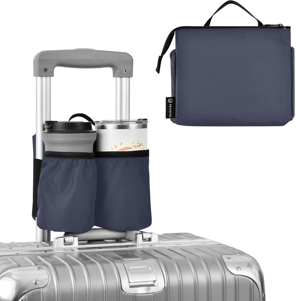 Navy Blue Travel Luggage Cup Holder for Suitcase Free Hands Travel Drink Bag for Coffee Mugs Bottles