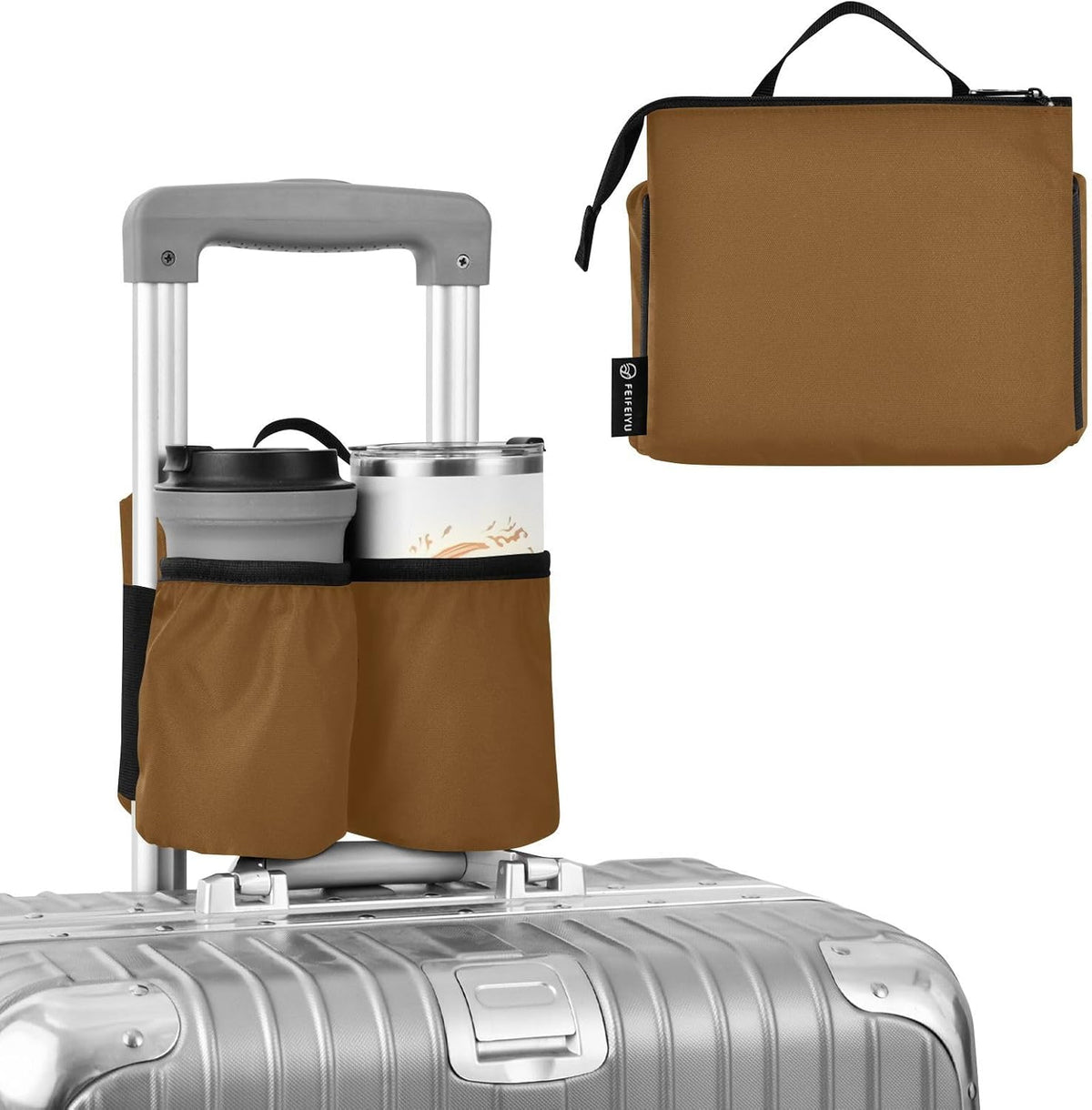 Navy Blue Travel Luggage Cup Holder for Suitcase Free Hands Travel Drink Bag for Coffee Mugs Bottles