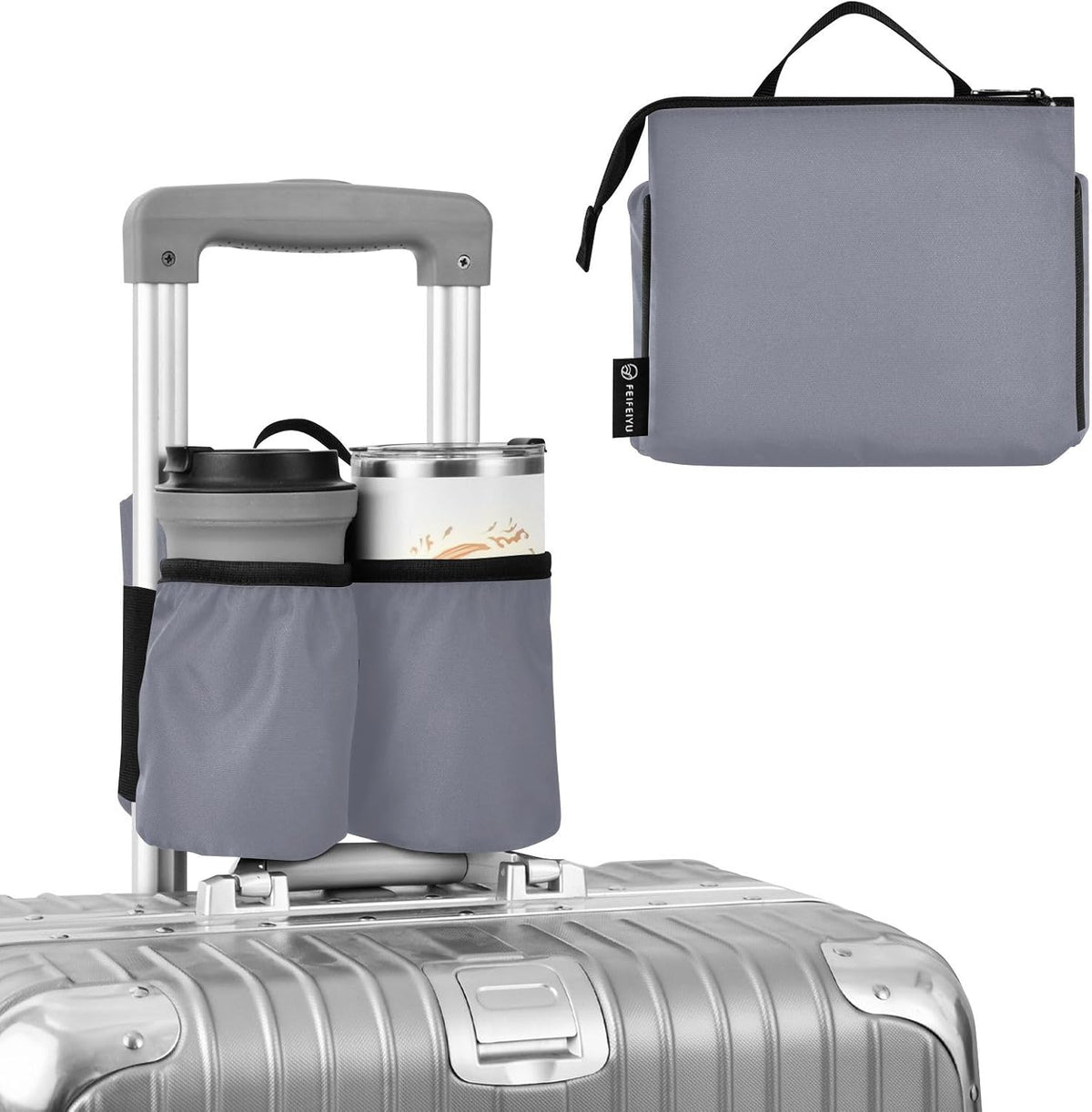 Navy Blue Travel Luggage Cup Holder for Suitcase Free Hands Travel Drink Bag for Coffee Mugs Bottles