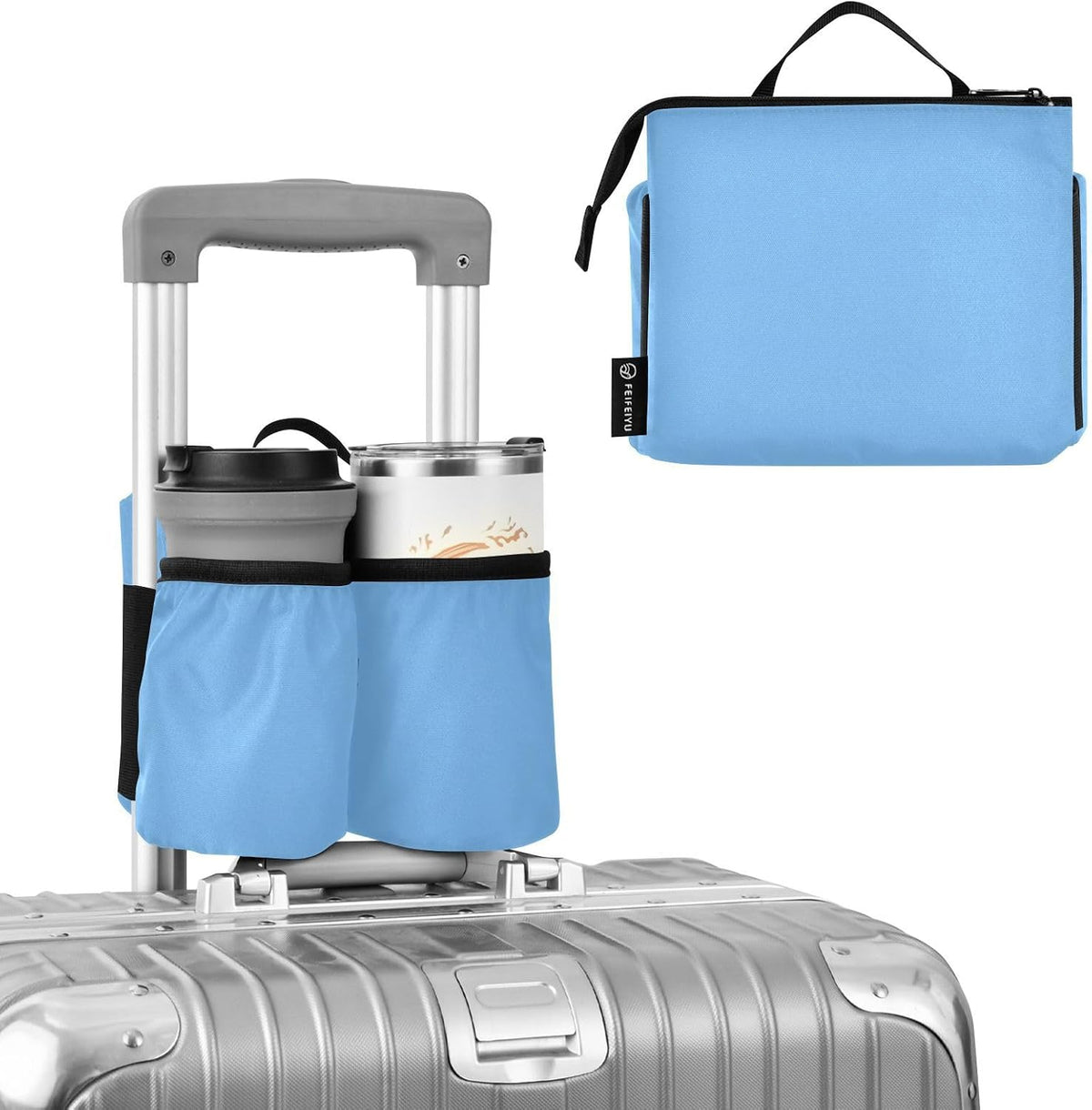 Navy Blue Travel Luggage Cup Holder for Suitcase Free Hands Travel Drink Bag for Coffee Mugs Bottles