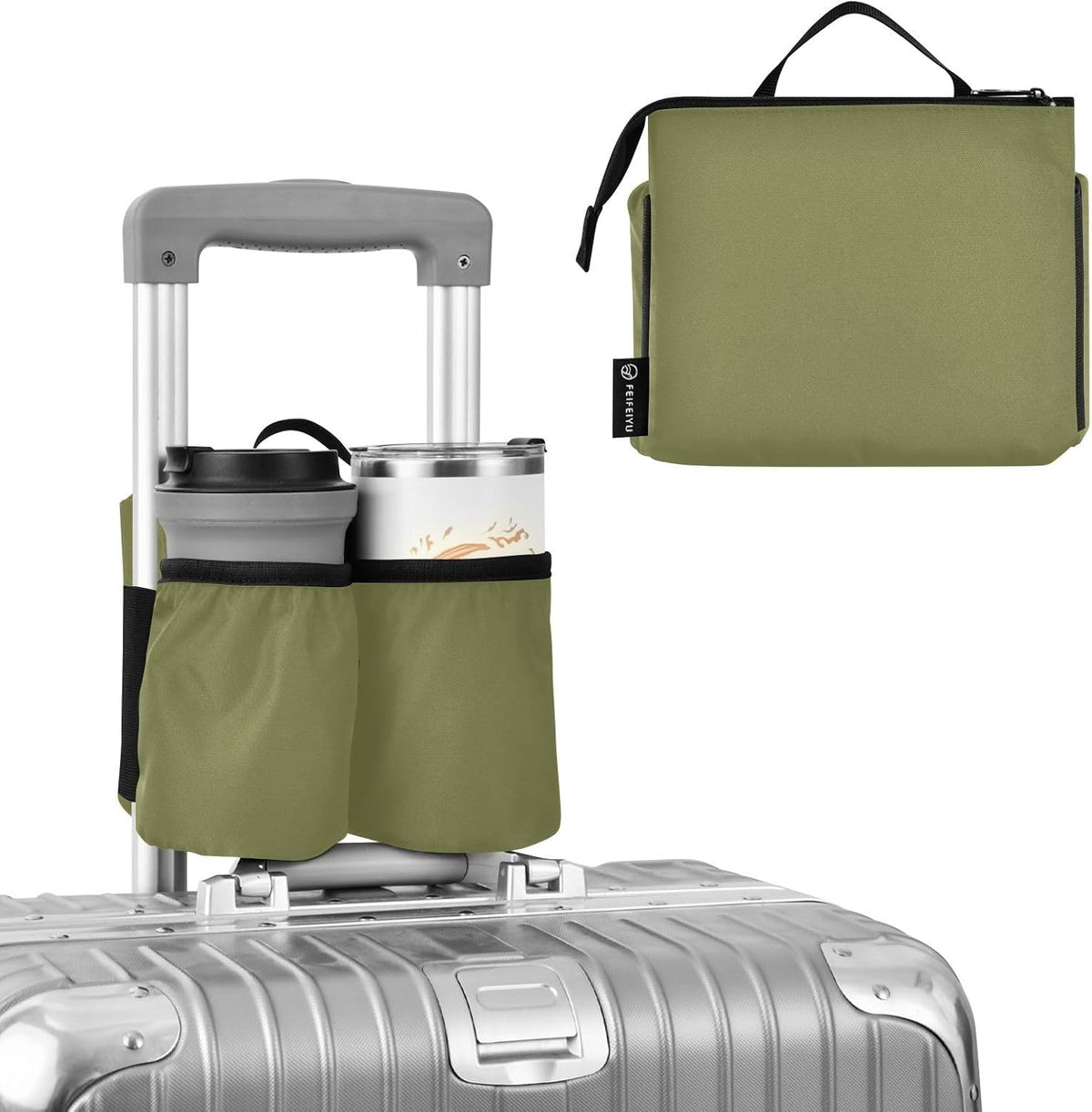 Navy Blue Travel Luggage Cup Holder for Suitcase Free Hands Travel Drink Bag for Coffee Mugs Bottles