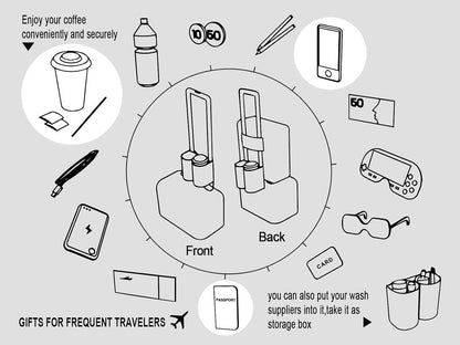 Luggage Travel Cup Holder Free Hand Drink Carrier - Hold Two Coffee Mugs - Fits Roll on Suitcase Handles - Gifts for Flight Attendants Travelers Accessories Grey
