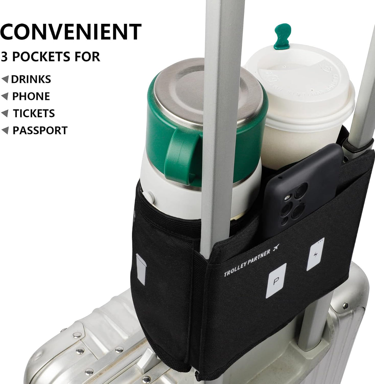 Luggage Travel Cup Holder Free Hand Drink Carrier - Hold Two Coffee Mugs - Fits Roll on Suitcase Handles - Gifts for Flight Attendants Travelers Accessories Grey
