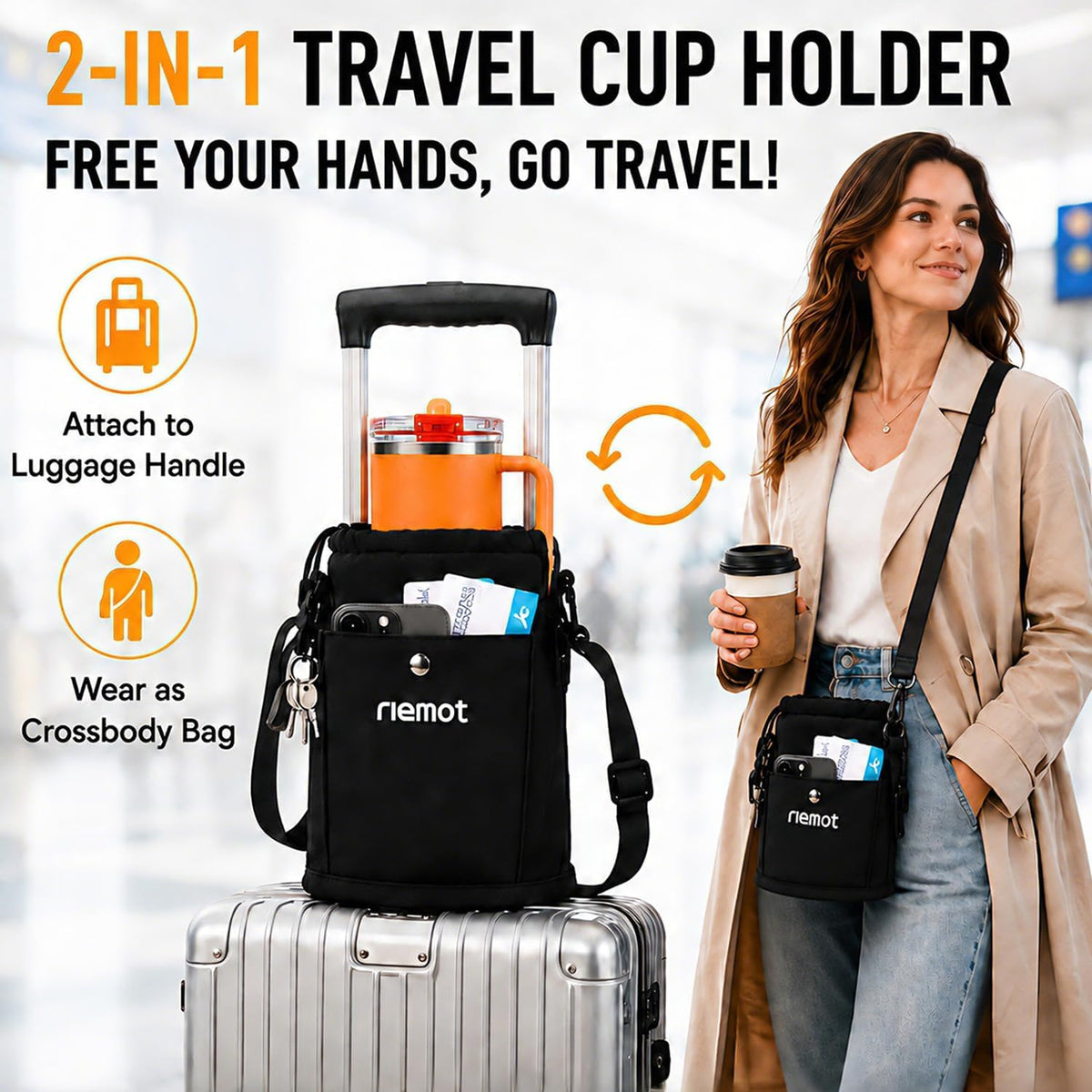 Luggage Travel Cup Holder Free Hand Drink Carrier - Hold Two Coffee Mugs - Fits Roll on Suitcase Handles - Gifts for Flight Attendants Travelers Accessories Grey