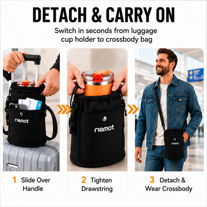 Luggage Travel Cup Holder Free Hand Drink Carrier - Hold Two Coffee Mugs - Fits Roll on Suitcase Handles - Gifts for Flight Attendants Travelers Accessories Grey