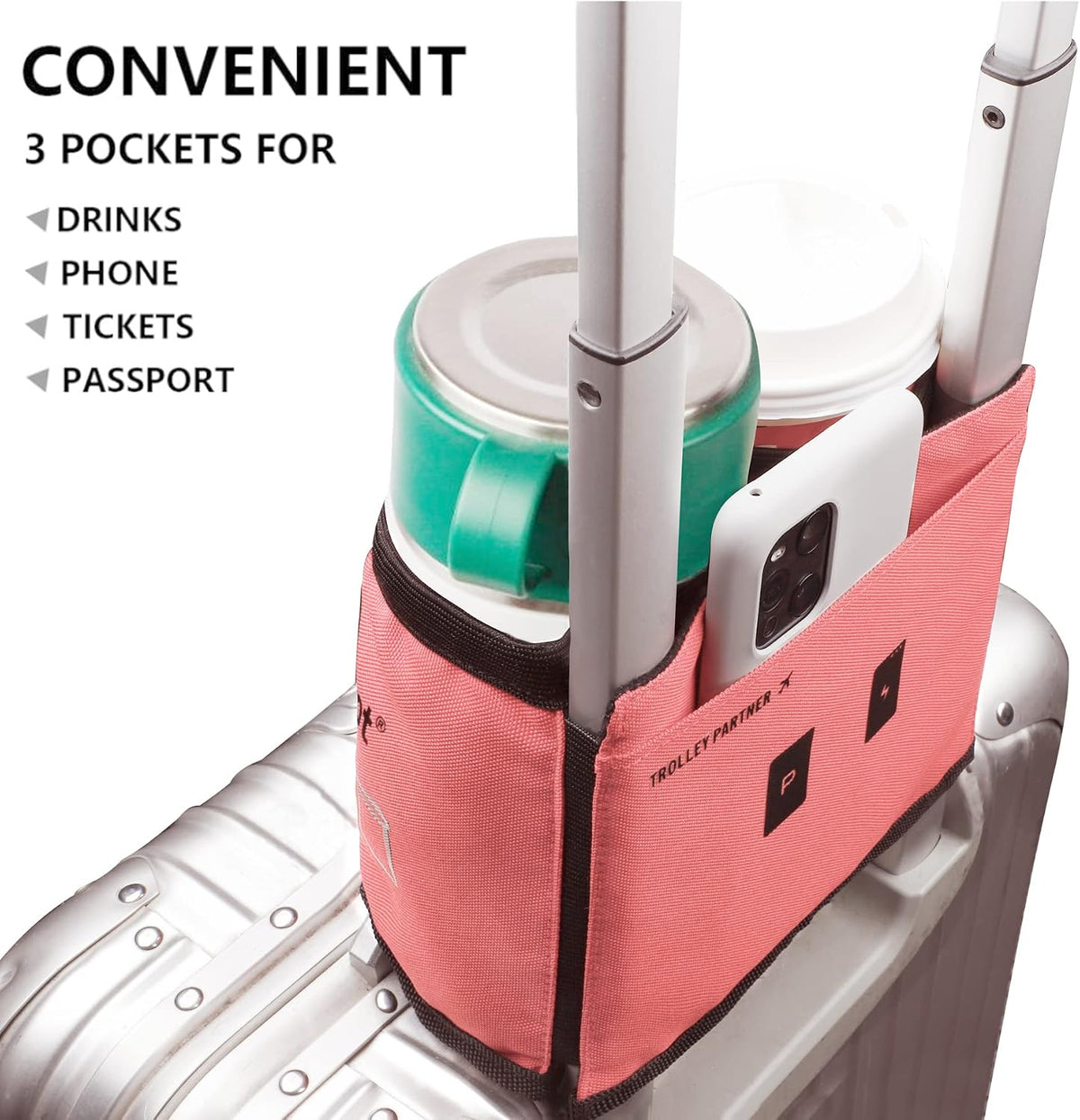 Luggage Travel Cup Holder Free Hand Drink Carrier - Hold Two Coffee Mugs - Fits Roll on Suitcase Handles - Gifts for Flight Attendants Travelers Accessories Grey