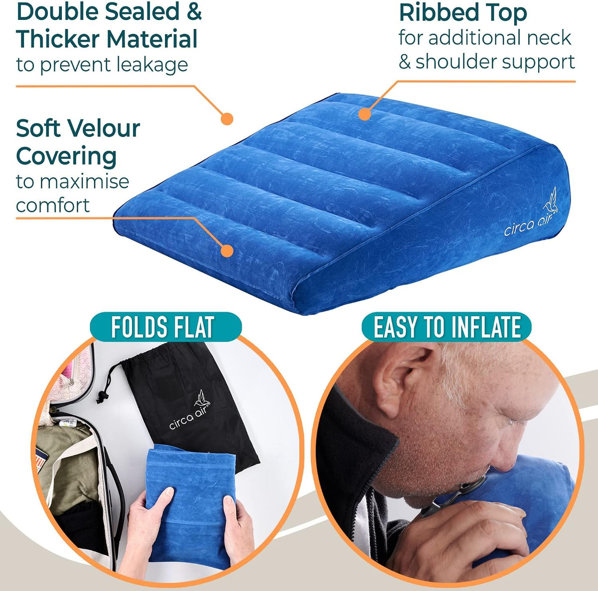 Inflatable Wedge Pillow for Traveling - Travel Wedge Pillows for Sleeping in Bed, Acid Reflux, Sleep Apnea, Snoring for Back, Leg Elevation - Blow up Knee Pillow