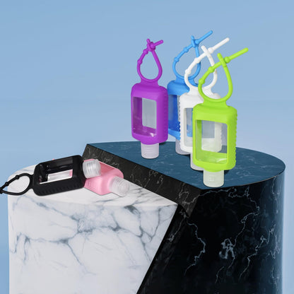 6Pcs Travel Size Empty Hand Sanitizer Holder with Silicone Keychain, 2 oz Leak Proof Refillable Plastic Bottles Portable Travel Containers with Detachable Silicone Case
