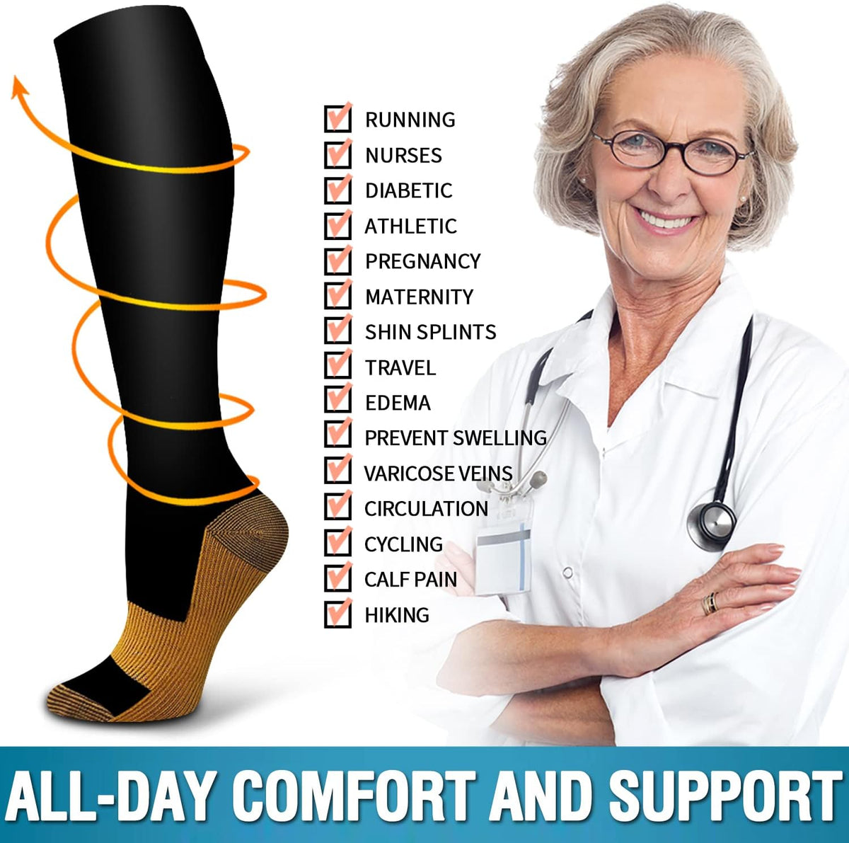 6 Pack Copper Compression Socks for Women and Men Circulation-Best Support for Medical,Running,Nursing,Athletic - Colors A