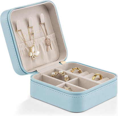 Small Travel Jewelry Box Organizer Display Case for Girls Women Gift Rings Earrings Necklaces Storage, Blue