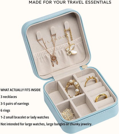 Small Travel Jewelry Box Organizer Display Case for Girls Women Gift Rings Earrings Necklaces Storage, Blue