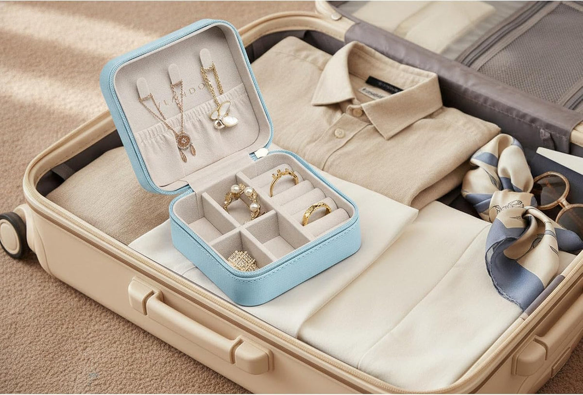 Small Travel Jewelry Box Organizer Display Case for Girls Women Gift Rings Earrings Necklaces Storage, Blue
