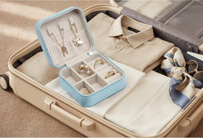 Small Travel Jewelry Box Organizer Display Case for Girls Women Gift Rings Earrings Necklaces Storage, Blue