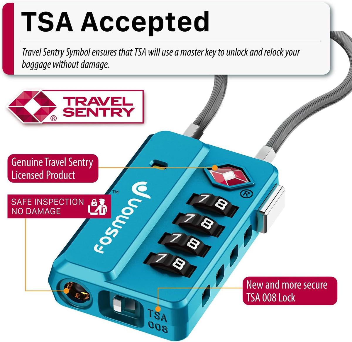 TSA Approved Cable Luggage Locks, 4 Digit Combination