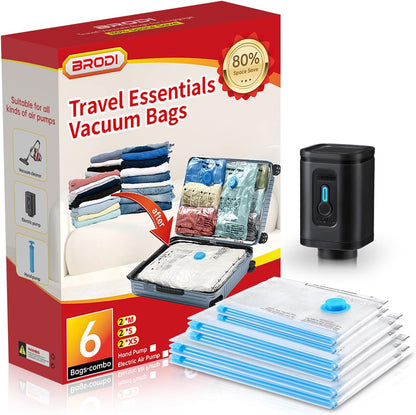 6 Combo Pack Travel Vacuum Bags with Pump - Space Saver & Travel Essentials, Clothing & Luggage Vacuum Seal Bags