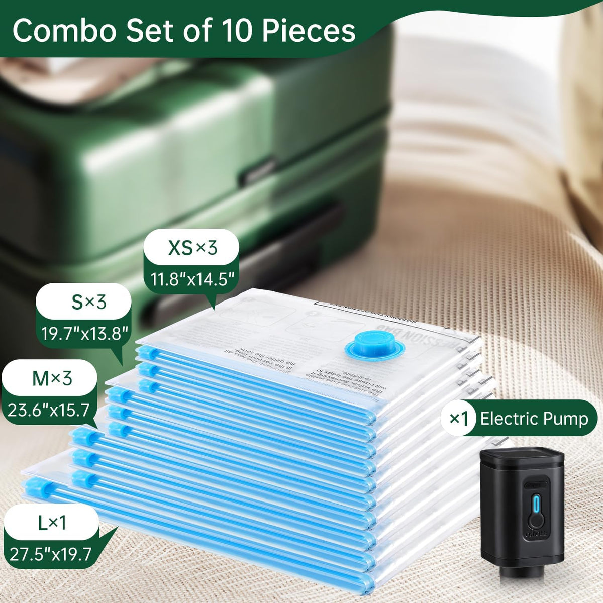 6 Combo Pack Travel Vacuum Bags with Pump - Space Saver & Travel Essentials, Clothing & Luggage Vacuum Seal Bags