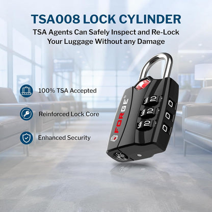 Open Alert TSA Approved Luggage Locks - 3 Digit Combination, Easy Read Dials, Zinc Alloy Body (Black 4 Locks)