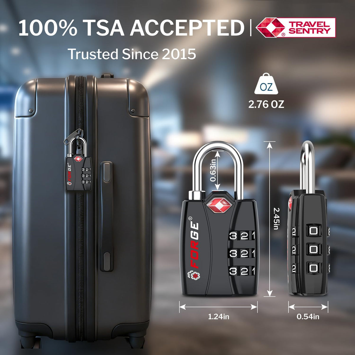 Open Alert TSA Approved Luggage Locks - 3 Digit Combination, Easy Read Dials, Zinc Alloy Body (Black 4 Locks)