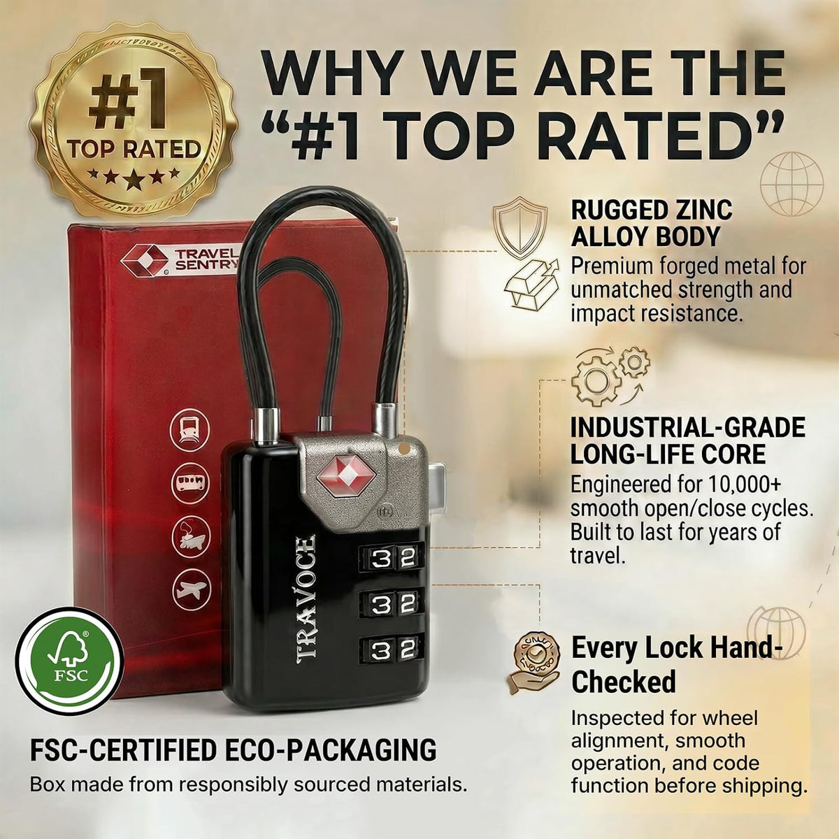 TSA Approved Luggage Locks, Combination Cable Locks, Black