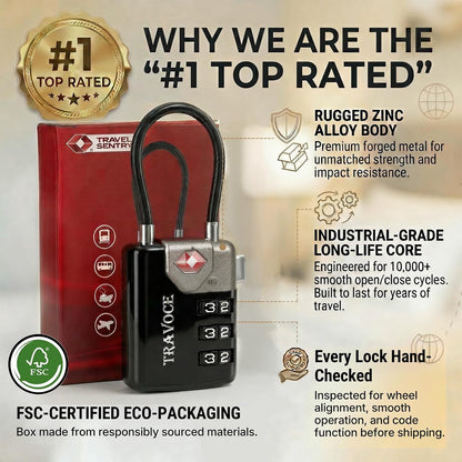 TSA Approved Luggage Locks, Combination Cable Locks, Black
