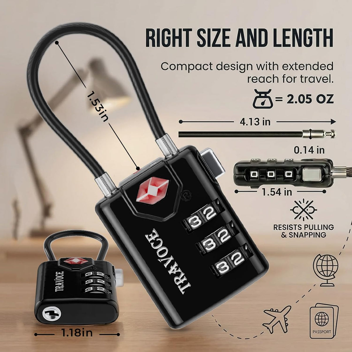 TSA Approved Luggage Locks, Combination Cable Locks, Black