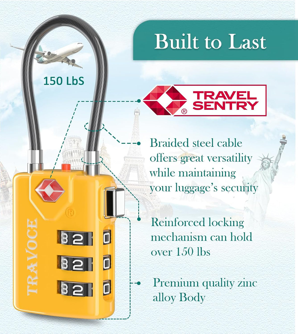 TSA Approved Luggage Locks, Combination Cable Locks, Black