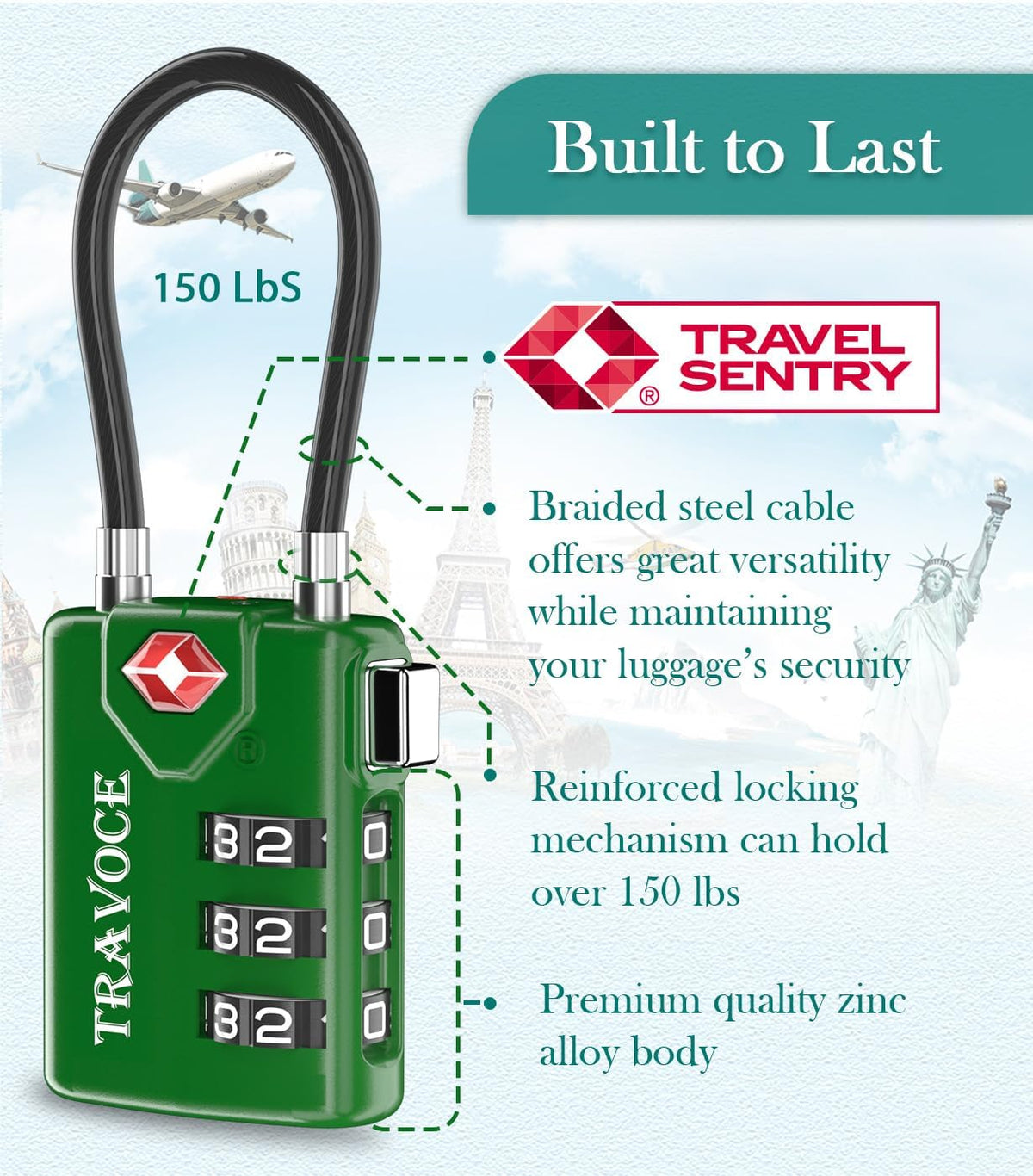 TSA Approved Luggage Locks, Combination Cable Locks, Black