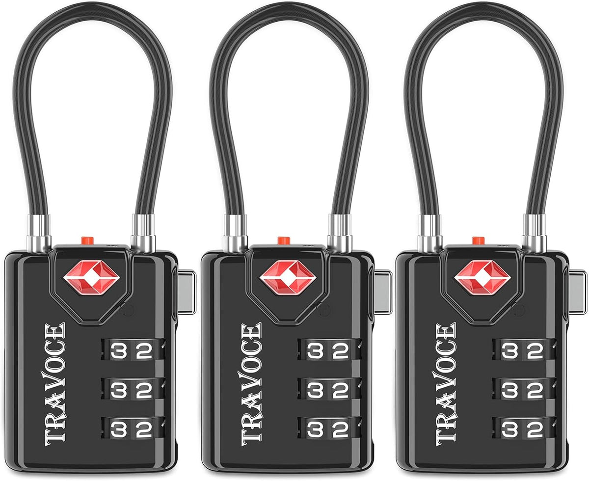 TSA Approved Luggage Locks, Combination Cable Locks, Black