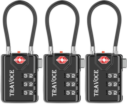 TSA Approved Luggage Locks, Combination Cable Locks, Black