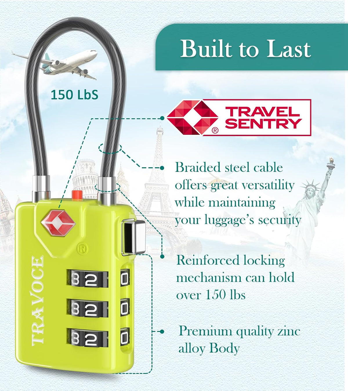 TSA Approved Luggage Locks, Combination Cable Locks, Black