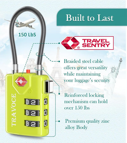 TSA Approved Luggage Locks, Combination Cable Locks, Black