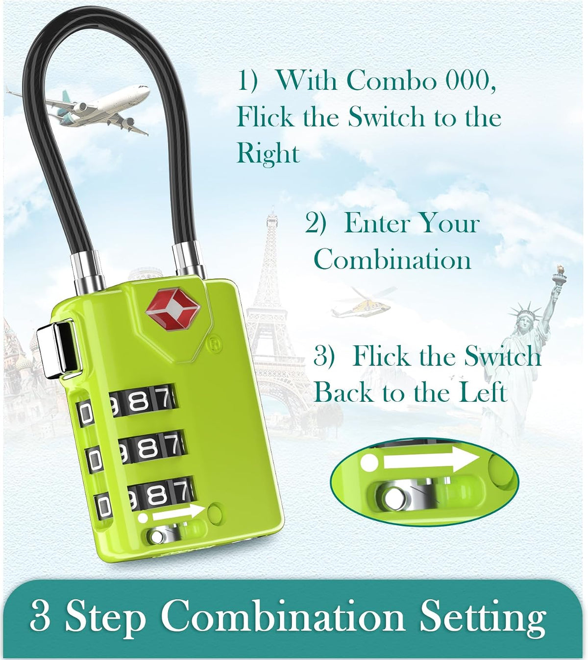 TSA Approved Luggage Locks, Combination Cable Locks, Black