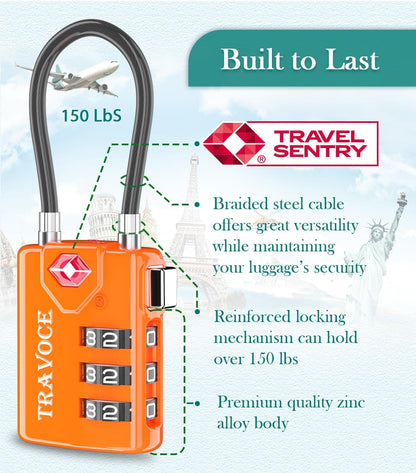 TSA Approved Luggage Locks, Combination Cable Locks, Black