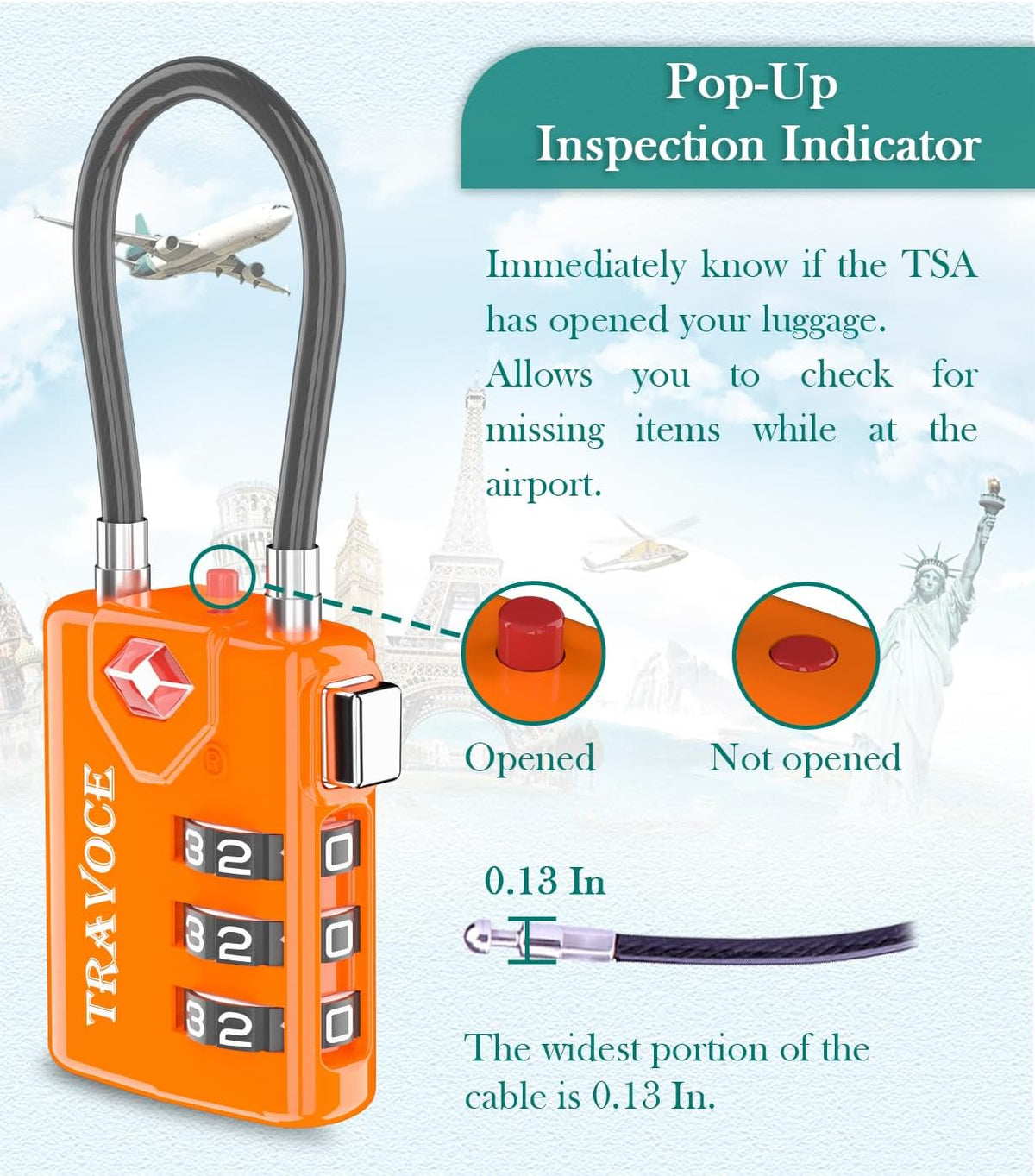 TSA Approved Luggage Locks, Combination Cable Locks, Black