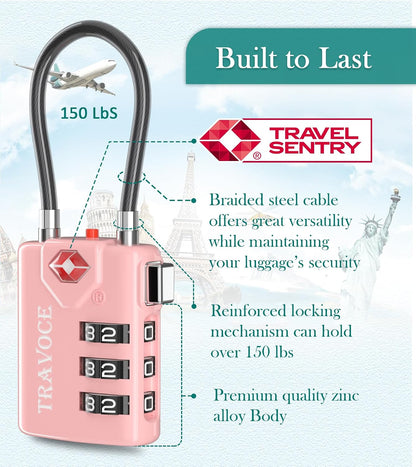 TSA Approved Luggage Locks, Combination Cable Locks, Black