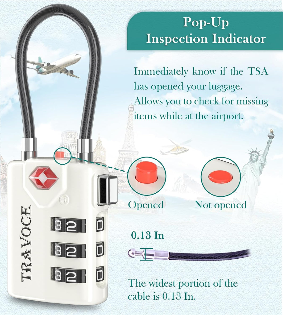 TSA Approved Luggage Locks, Combination Cable Locks, Black
