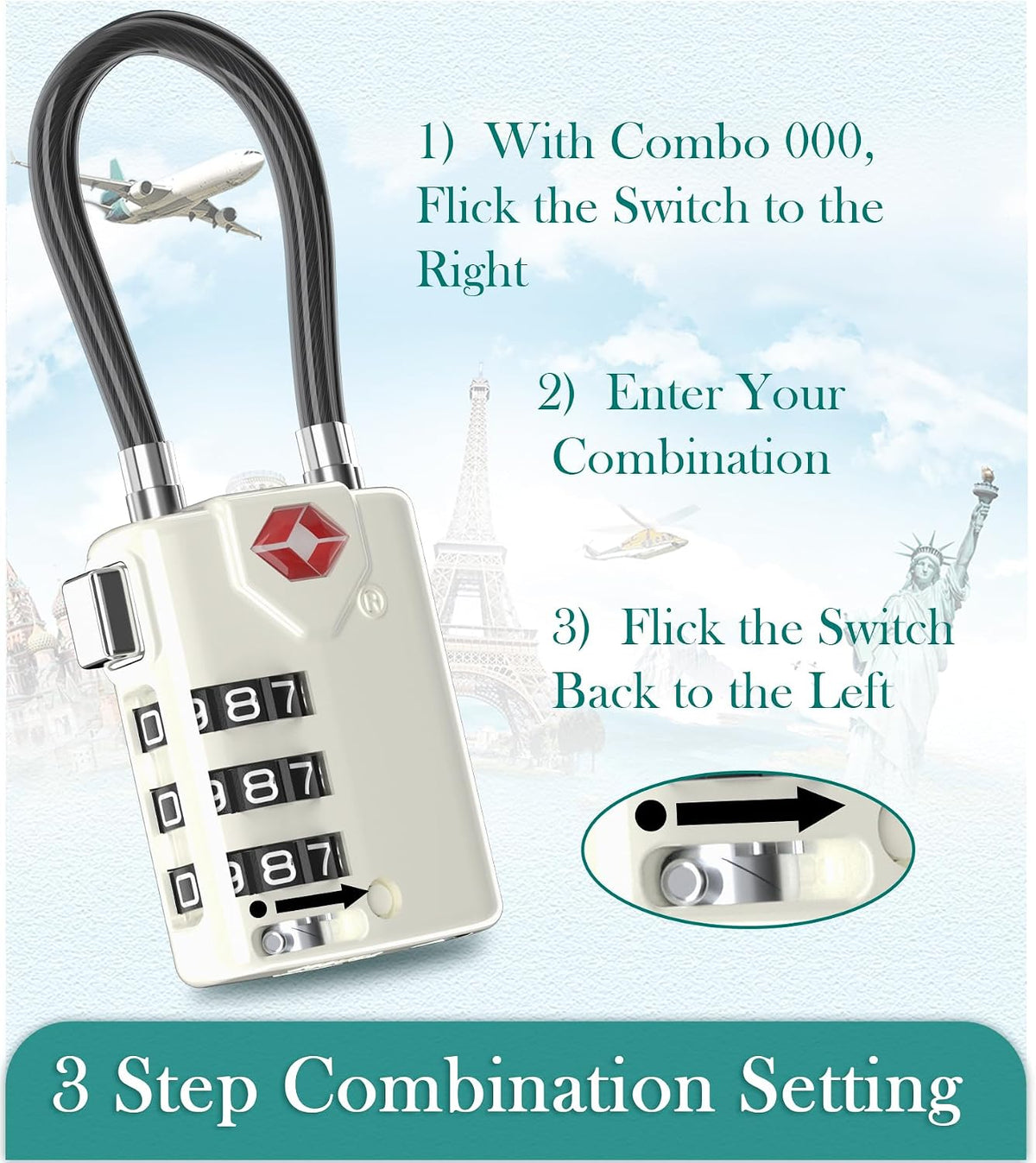 TSA Approved Luggage Locks, Combination Cable Locks, Black