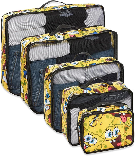 SpongeBob SquarePants Packing Cubes - Patrick Mr Krabs 5 Piece Travel Luggage Organizer Suitcase Accessories for Kids Teens Adults - Licensed Gift Set