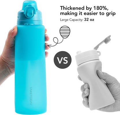 Collapsible Water Bottles 32oz, Foldable Travel Water Bottle, BPA Free, Silicone Water Bottle Leakproof for Hiking, International Travel, Outdoors